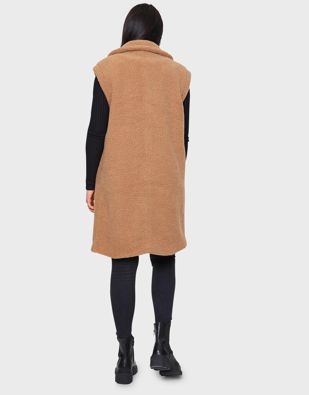 Bella Tan Plain Longline Gilet Faux Borg Jacket