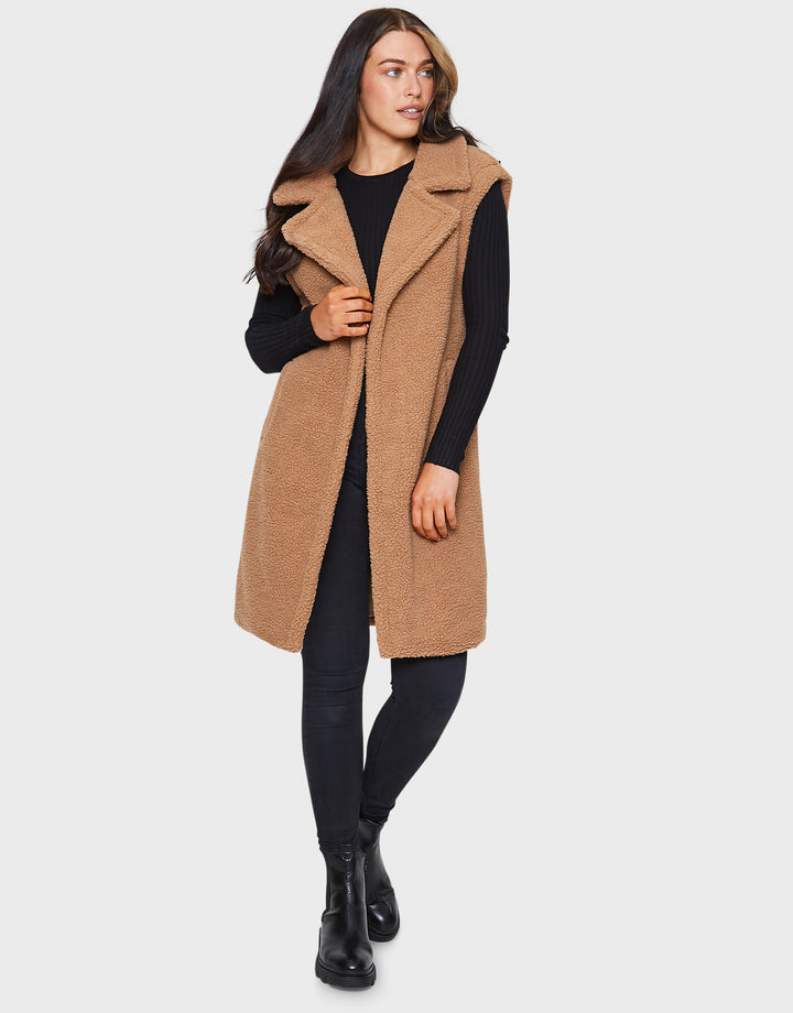 Bella Tan Plain Longline Gilet Faux Borg Jacket
