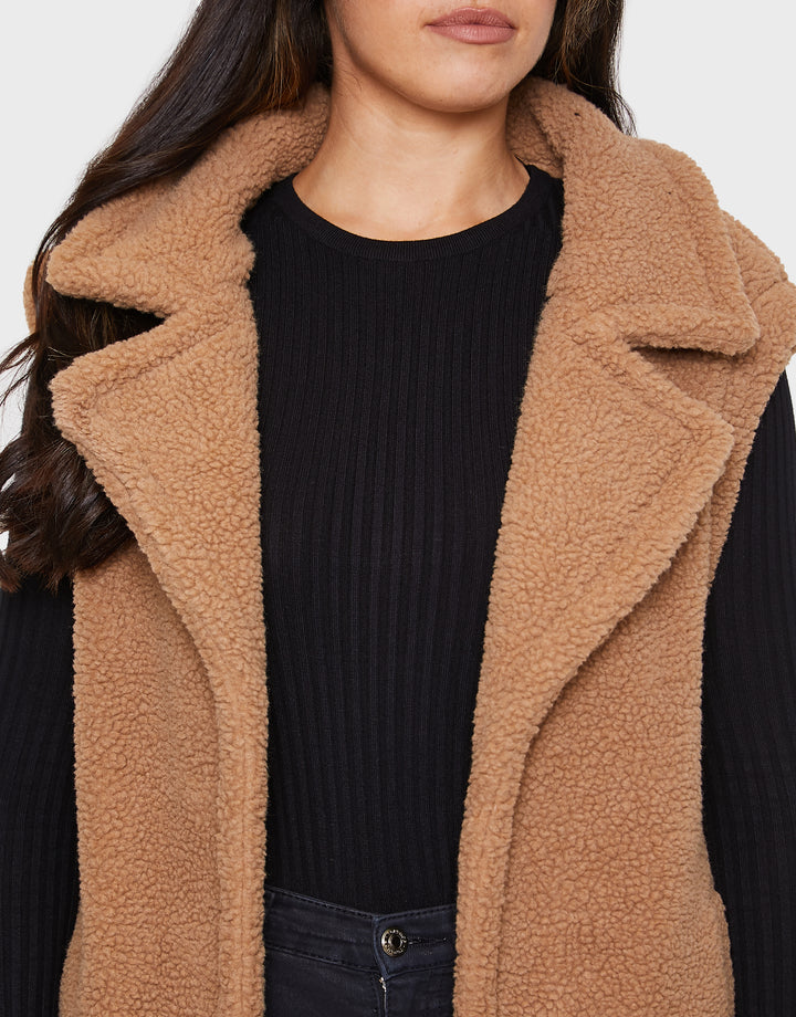 Bella Tan Plain Longline Gilet Faux Borg Jacket