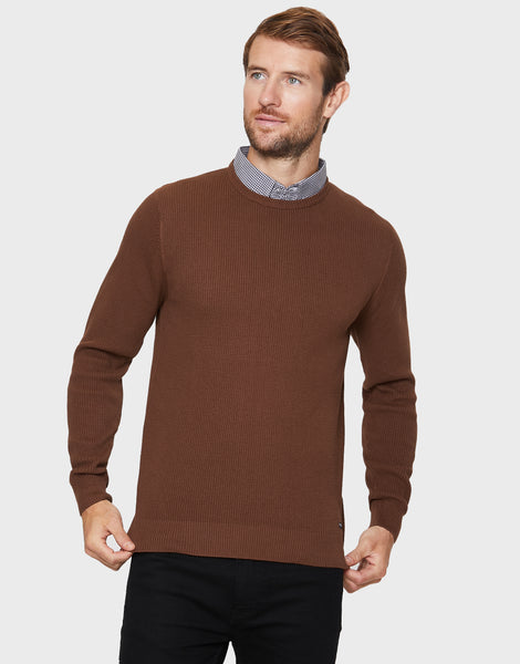 Men's Auburn Brown Mock Shirt Collar Crew Neck Knitted Jumper – Threadbare