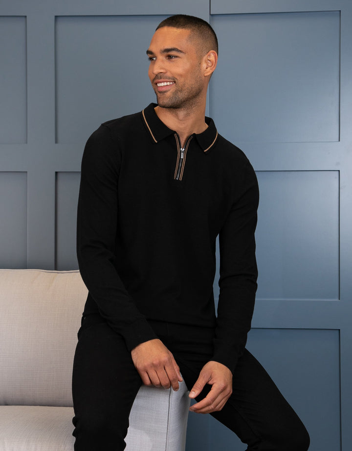 Barrow Jet Black / Camel Plain Zip Neck Polo