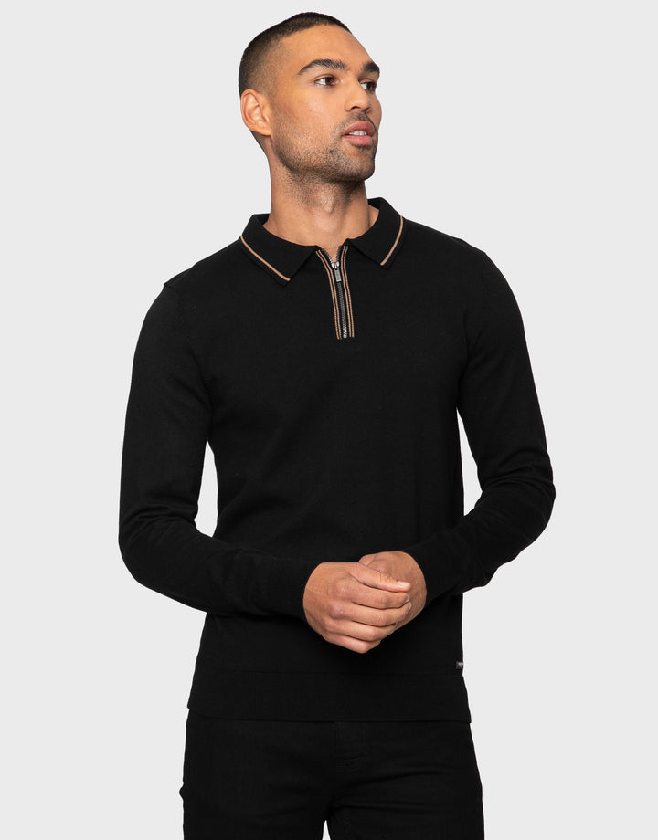 Barrow Jet Black / Camel Plain Zip Neck Polo