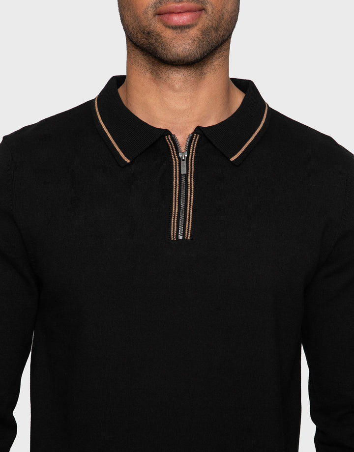 Barrow Jet Black / Camel Plain Zip Neck Polo