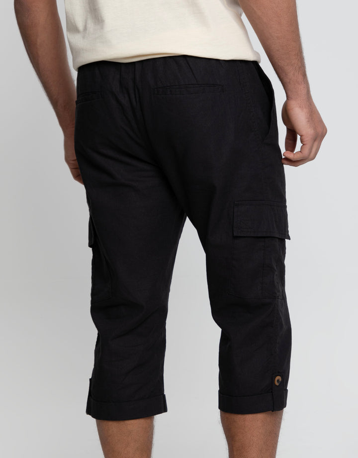 Black 3/4 Length Linen Blend Cargo Trousers