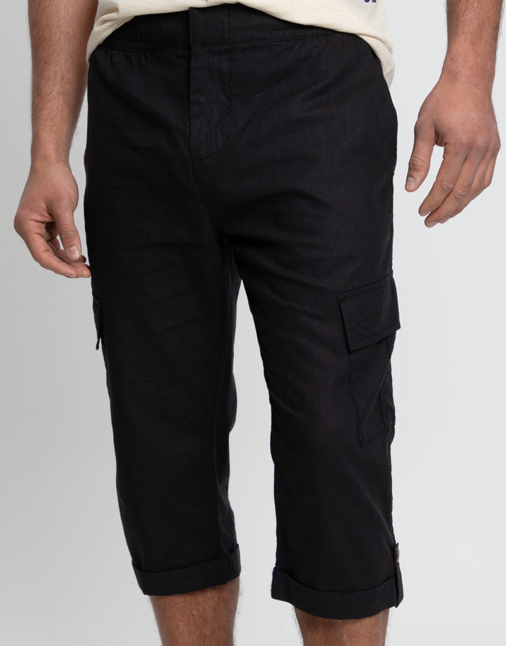 Black 3/4 Length Linen Blend Cargo Trousers