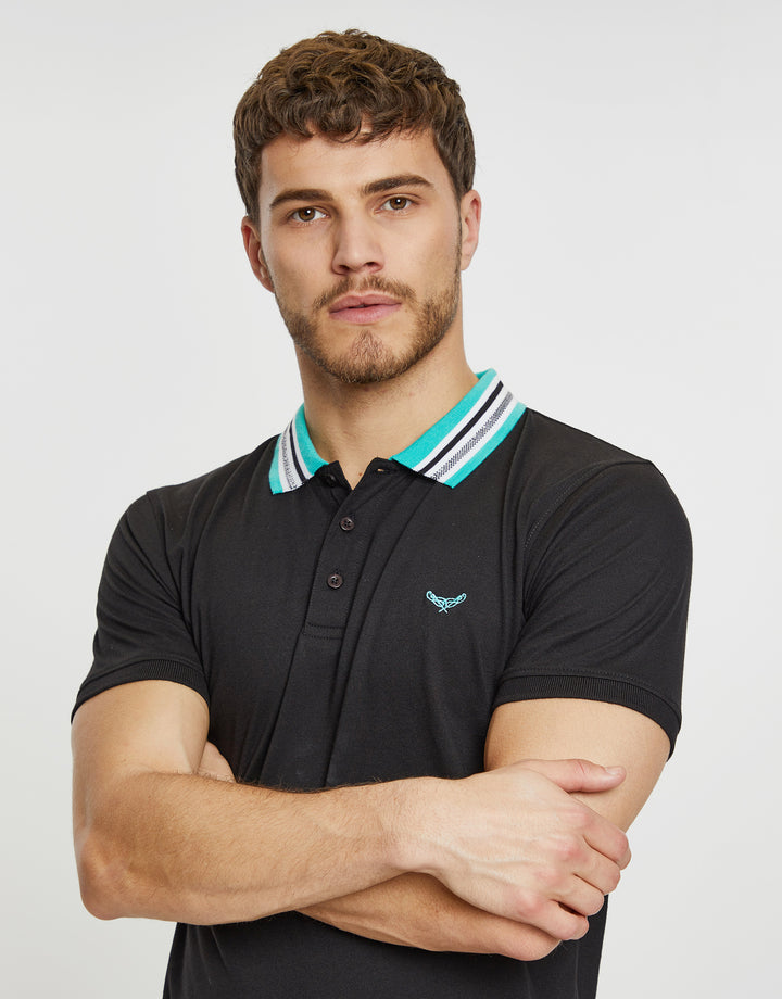 Black Contrast Rib Collar Polo Shirt