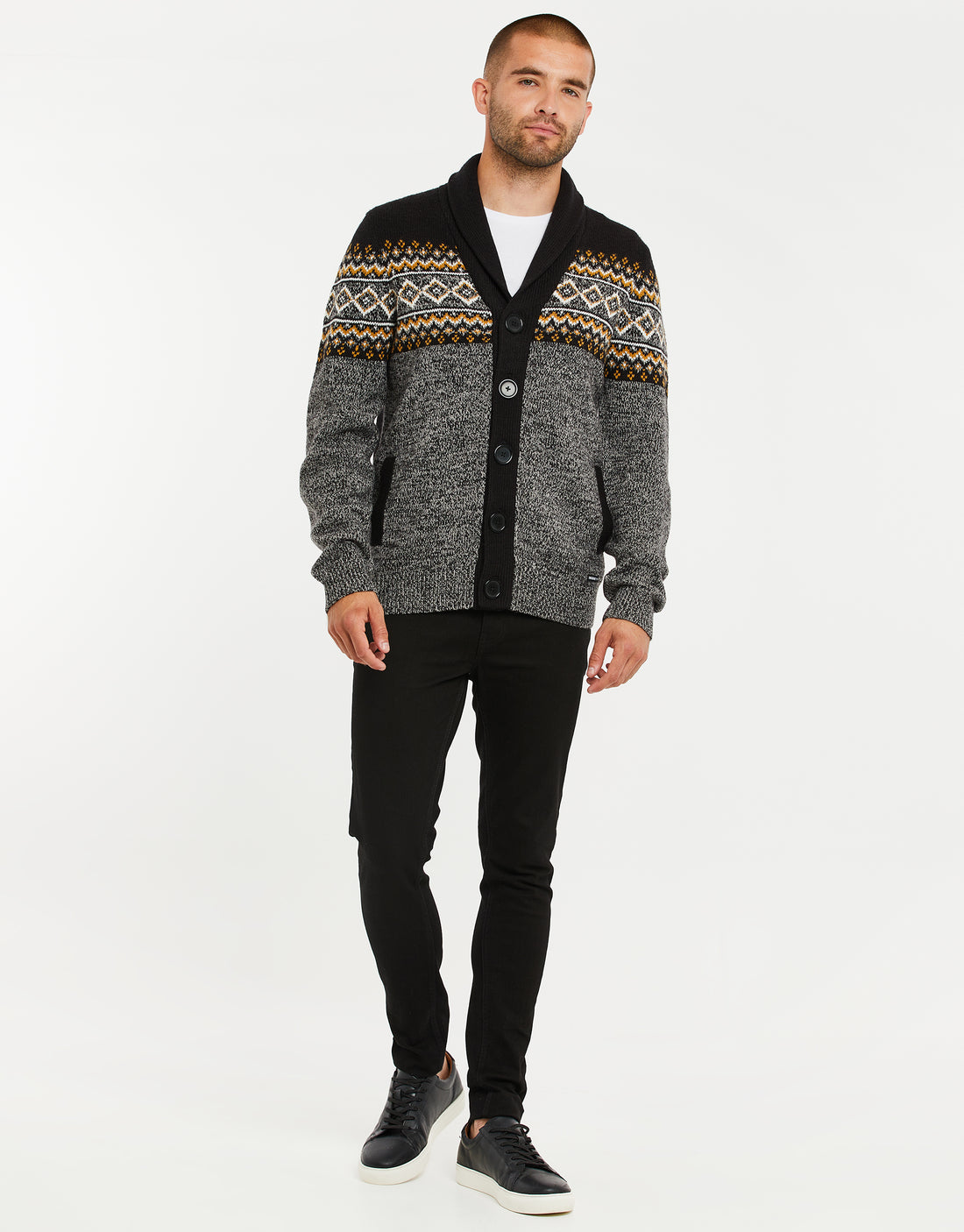 Men's Black Fairisle Shawl Collar Raglan Style Button Down Knitted Cardigan  – Threadbare