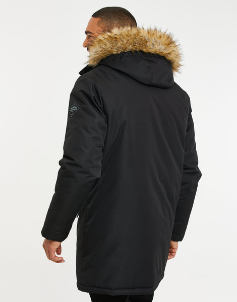 Men's Black Faux Fur Trim Hooded Padded Parka Jacket – Threadbare