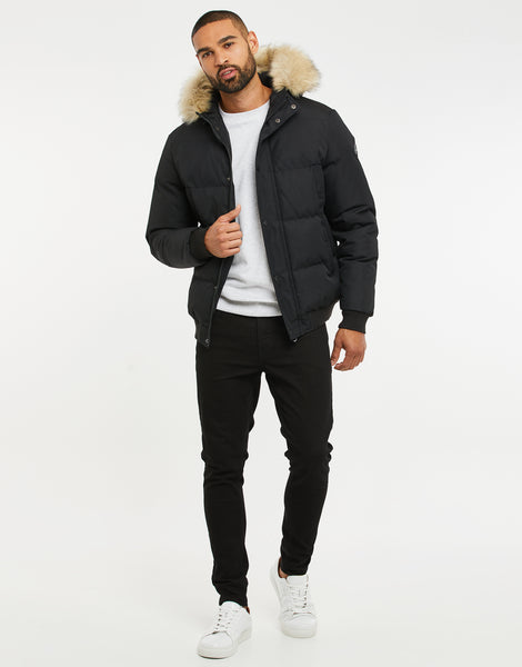 Men's Black Faux Fur Trim Padded Parka Jacket Puffer Coat – Threadbare
