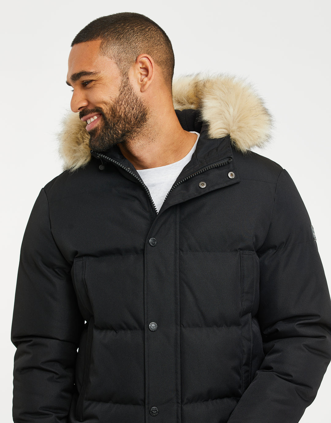 Threadbare Men's Black Faux Fur Trim Padded Parka Jacket Puffer Coat