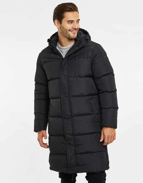 Men's Black Hooded Longline Padded Puffer Jacket – Threadbare