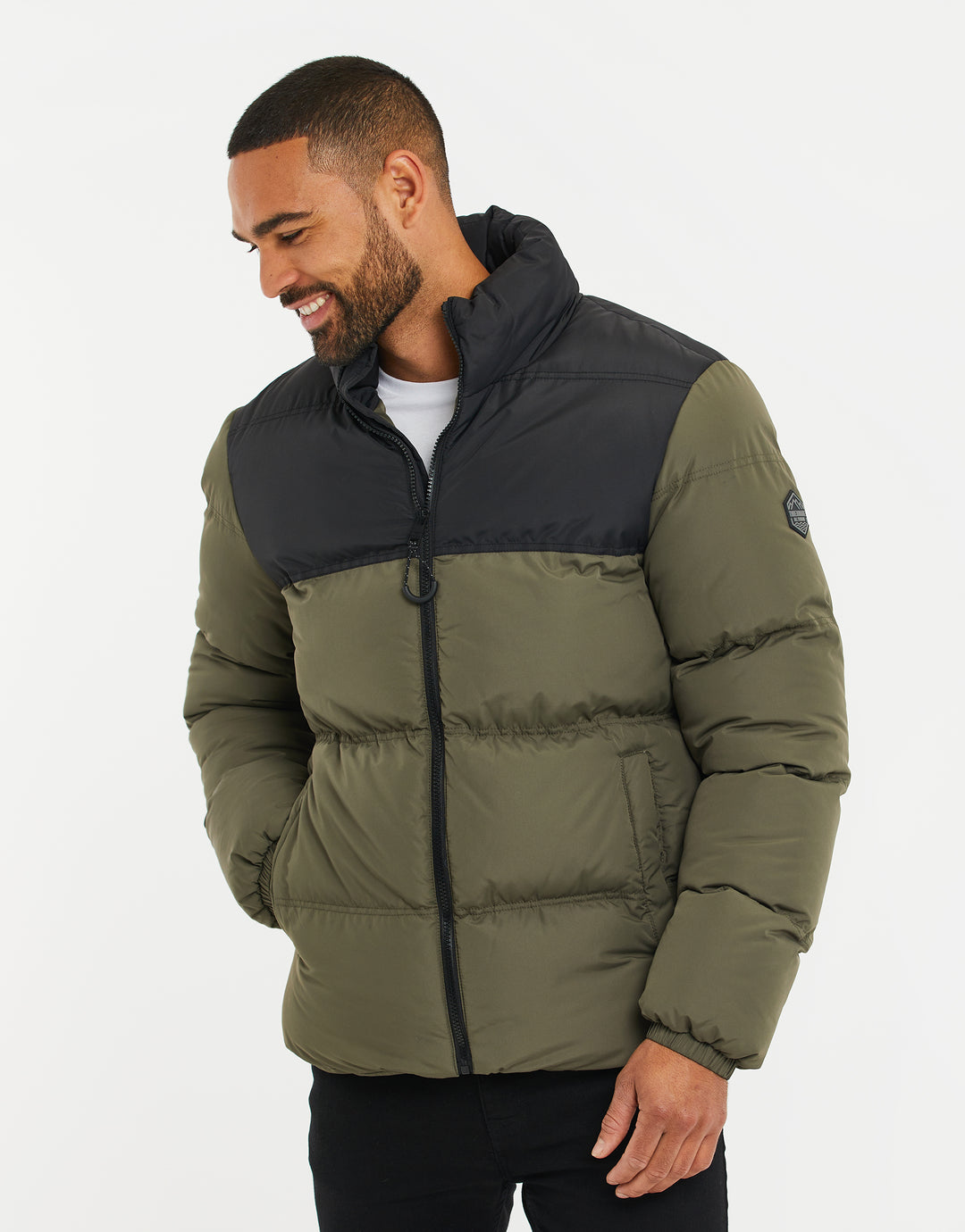 Khaki & Black Colourblock Puffer Jacket