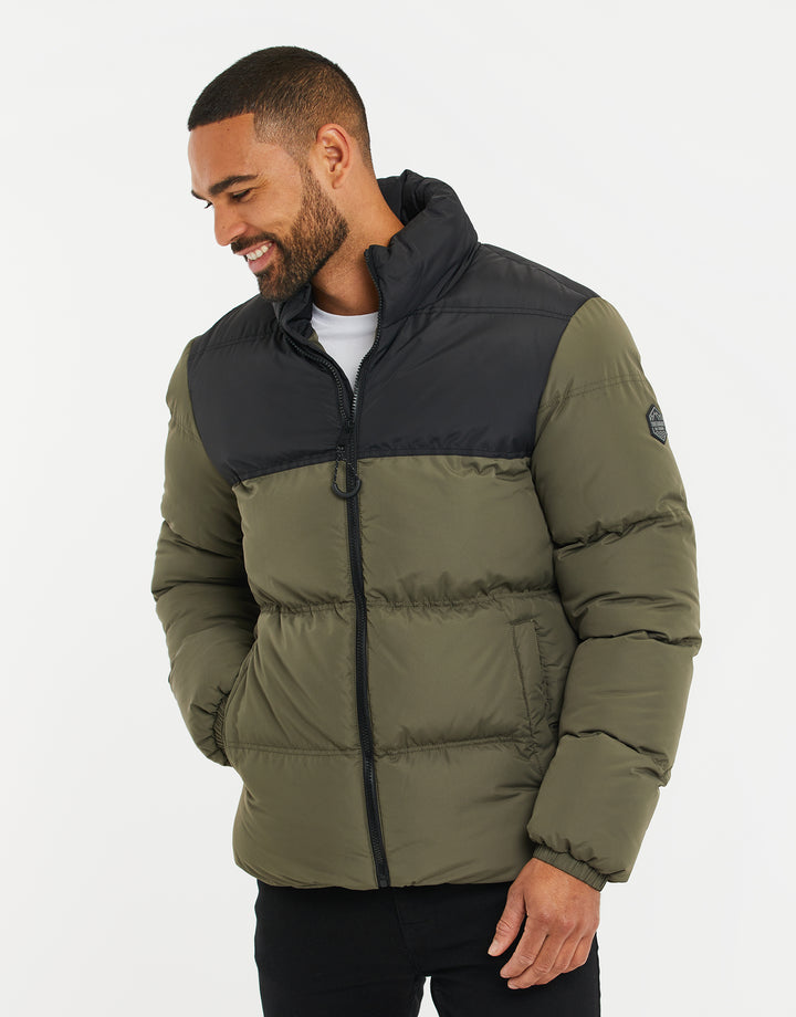 Khaki & Black Colourblock Puffer Jacket