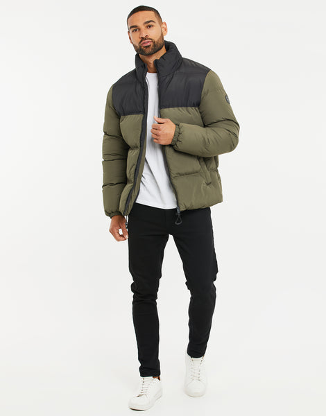 Men's Black & Khaki Green Colourblock Funnel Neck Padded Puffer Jacket ...