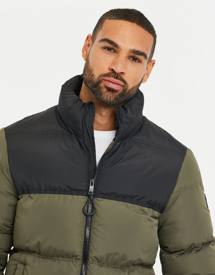 Khaki & Black Colourblock Puffer Jacket