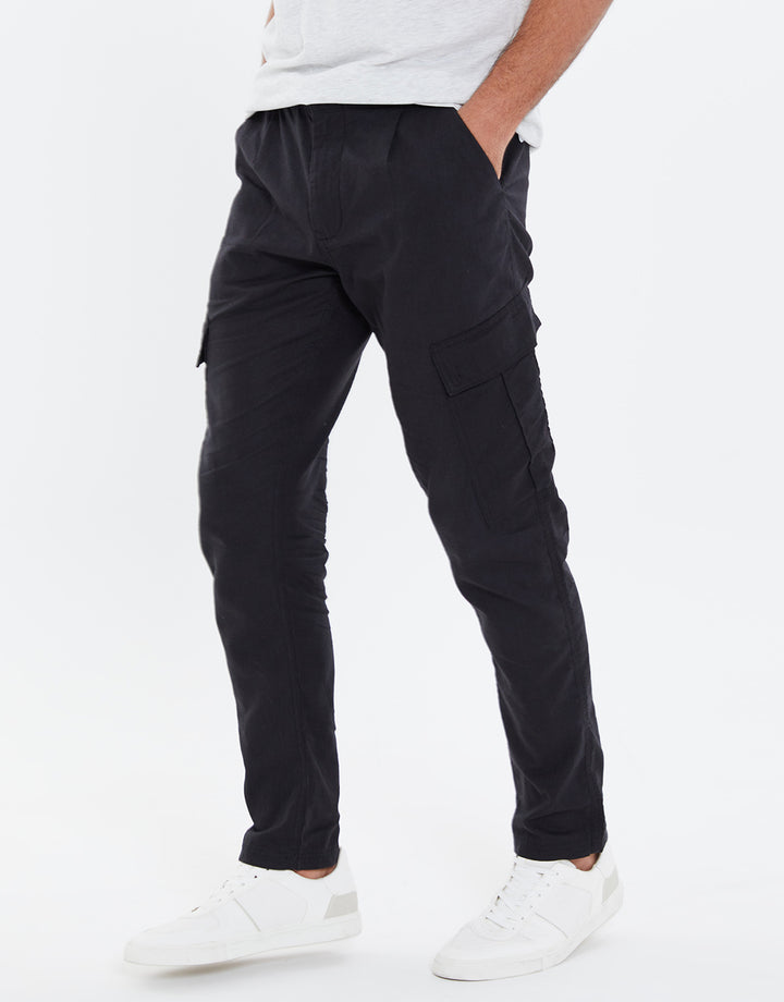 Black Linen Mix Cargo Trousers