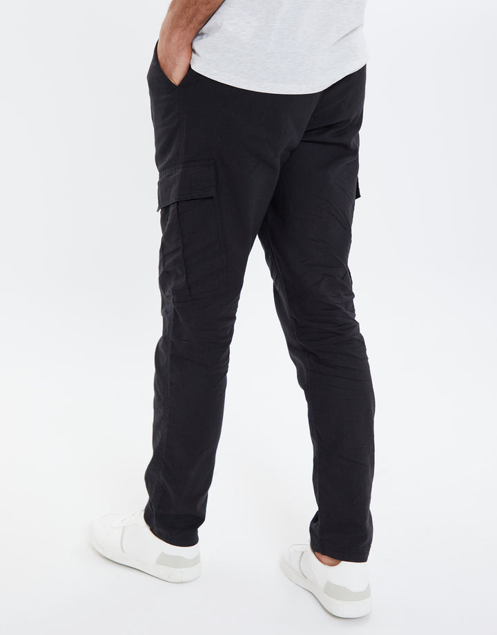 Black Linen Mix Cargo Trousers
