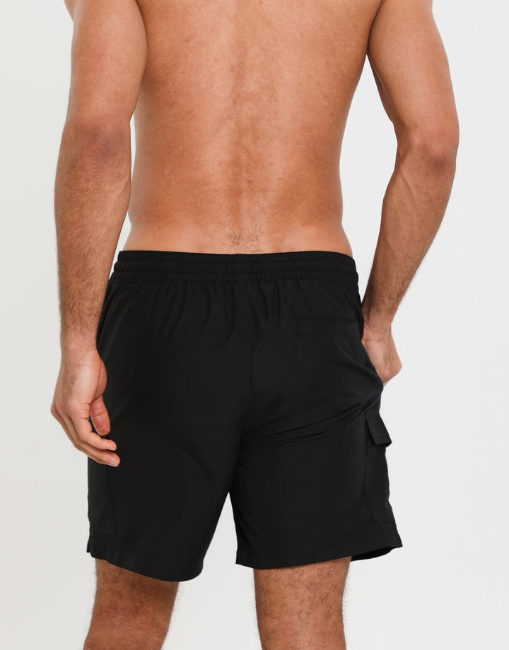Black Mid Length Cargo Swim Shorts