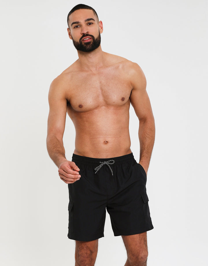Black Mid Length Cargo Swim Shorts