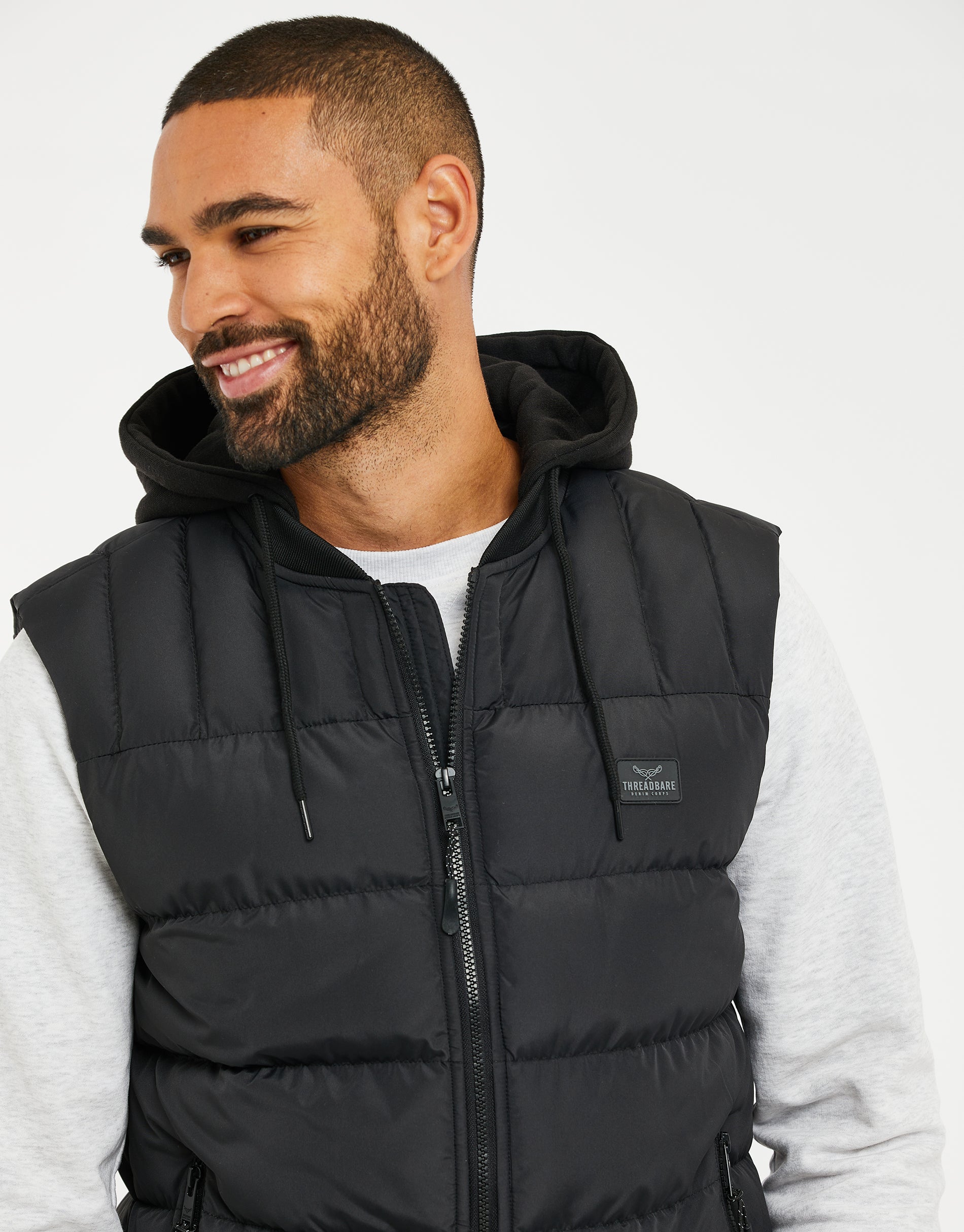 Threadbare Men's Black Padded Funnel Neck Hooded Gilet