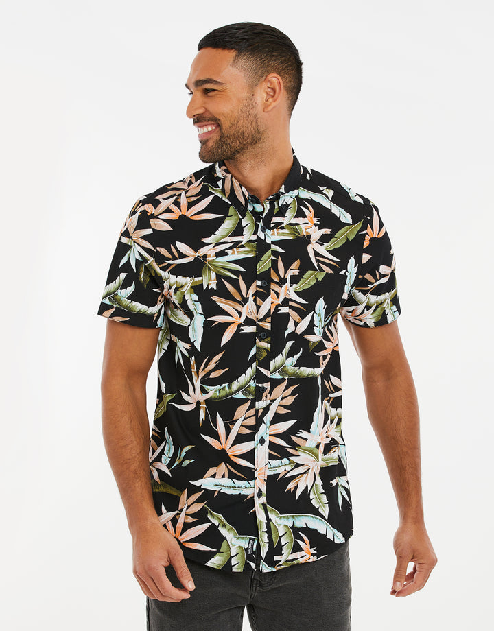 Black Palm Print Short Sleeve Shirt