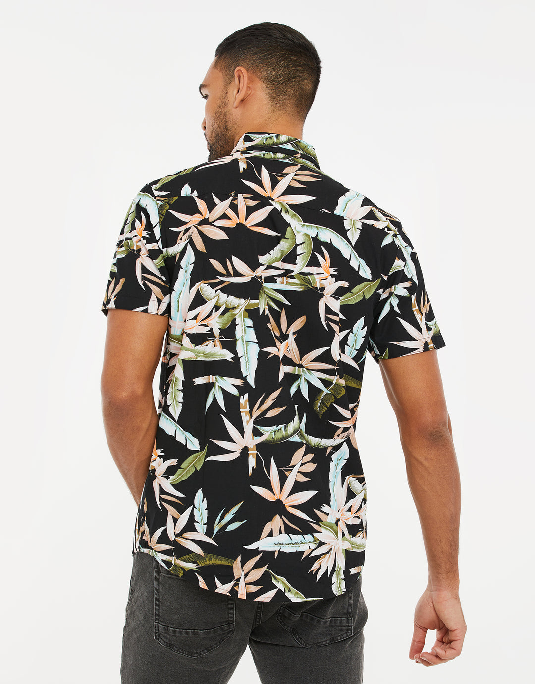 Black Palm Print Short Sleeve Shirt