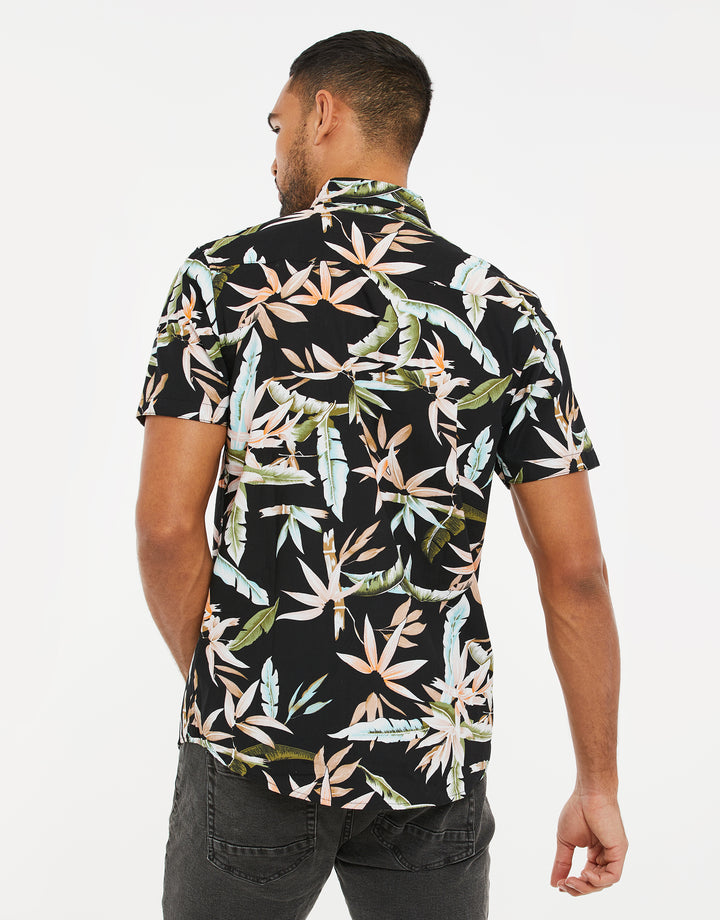 Black Palm Print Short Sleeve Shirt