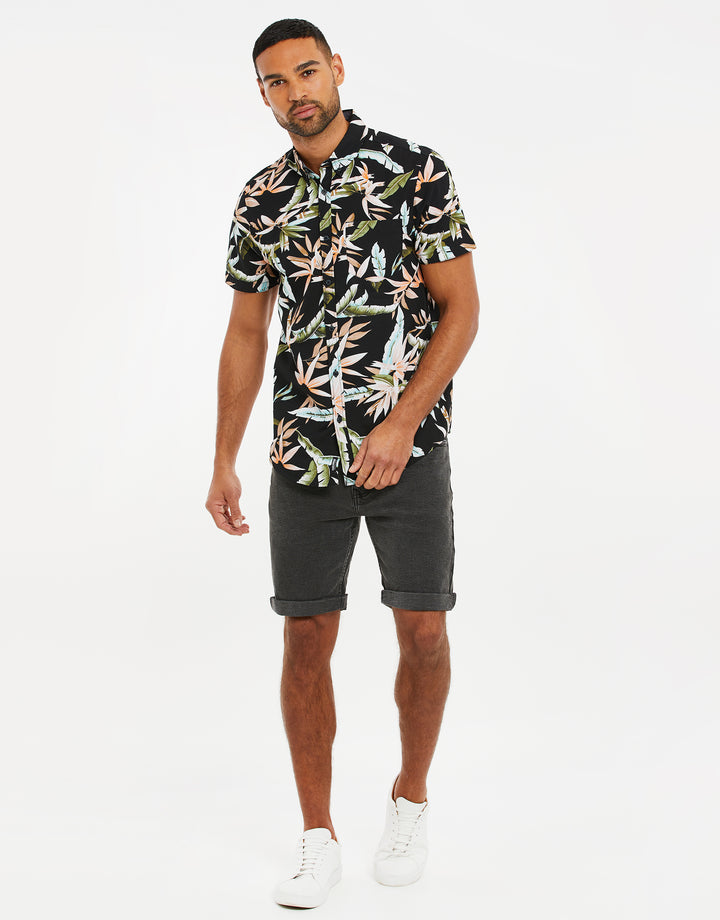 Black Palm Print Short Sleeve Shirt