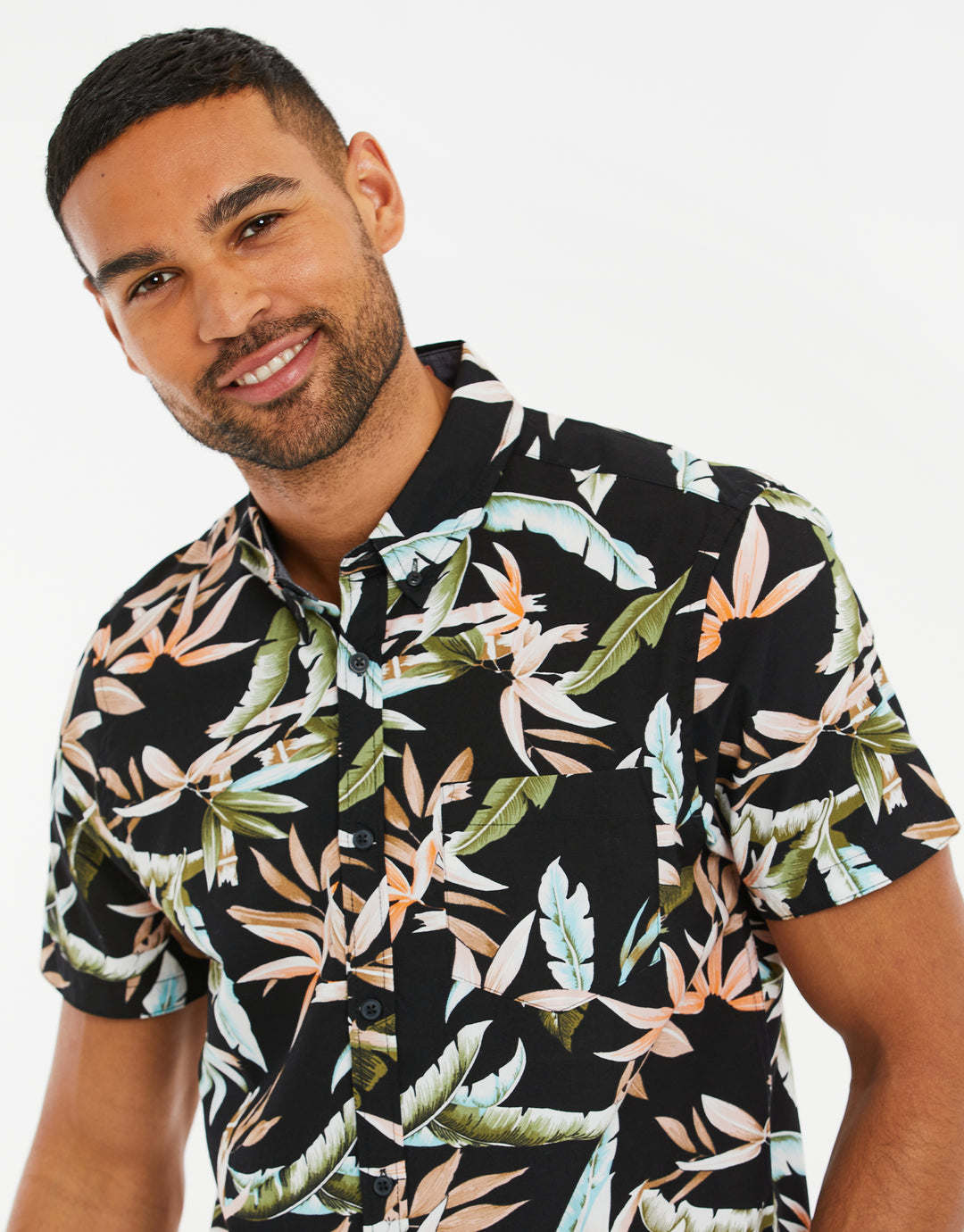 Black Palm Print Short Sleeve Shirt