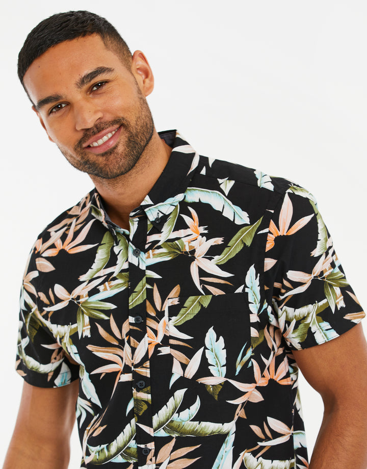 Black Palm Print Short Sleeve Shirt