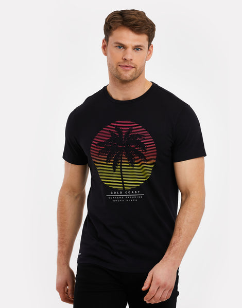 Men's Black Palm Tree Graphic Print Short Sleeve Crew Neck T-Shirt ...