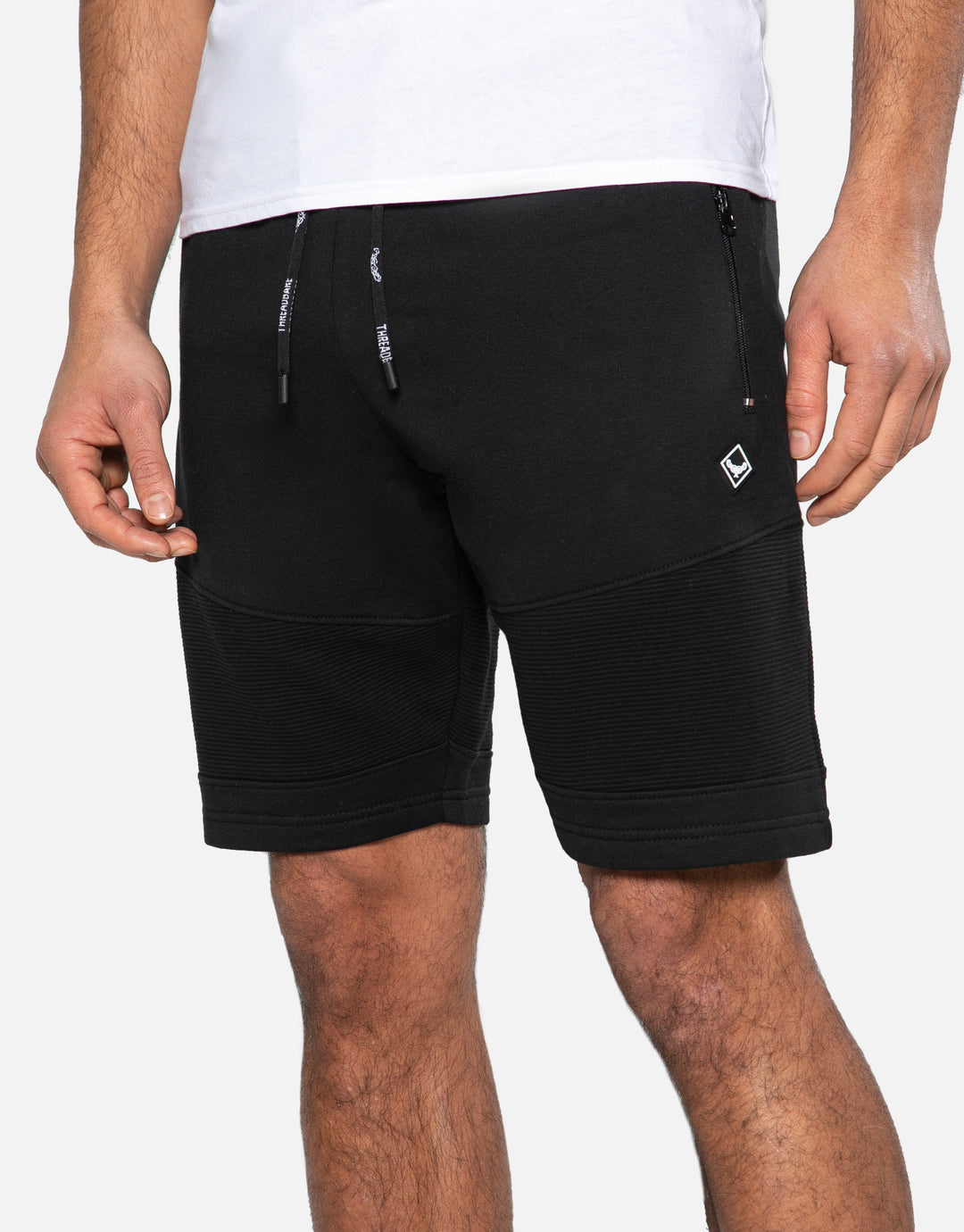 Black Ribbed Panel Fleece Shorts