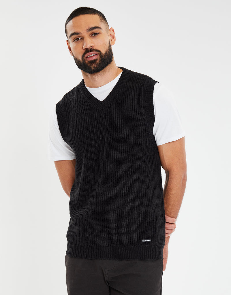 Threadbare Men's Black Ribbed Knitted V Neck Sleeveless Sweater Vest