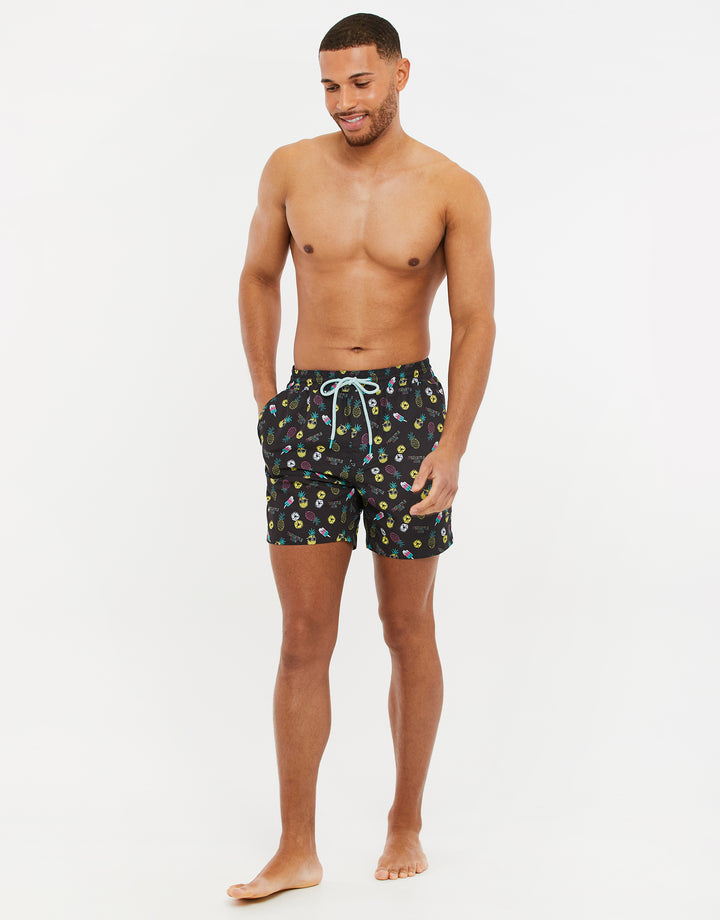 Black Summer Print Swim Shorts