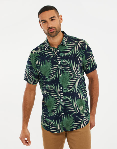 Men's Black Tropical Palm Print Short Sleeve Shirt – Threadbare