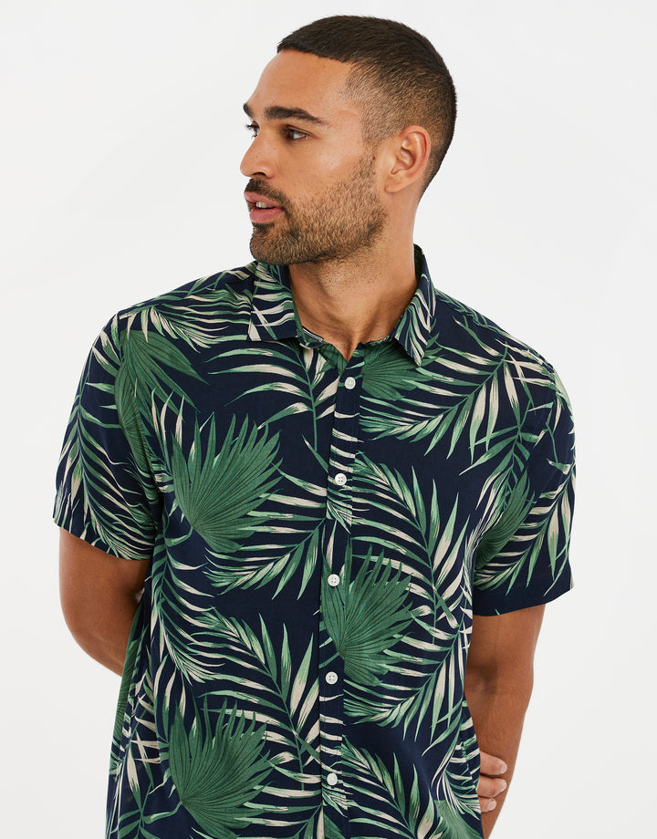 Black Palm Print Short Sleeve Shirt