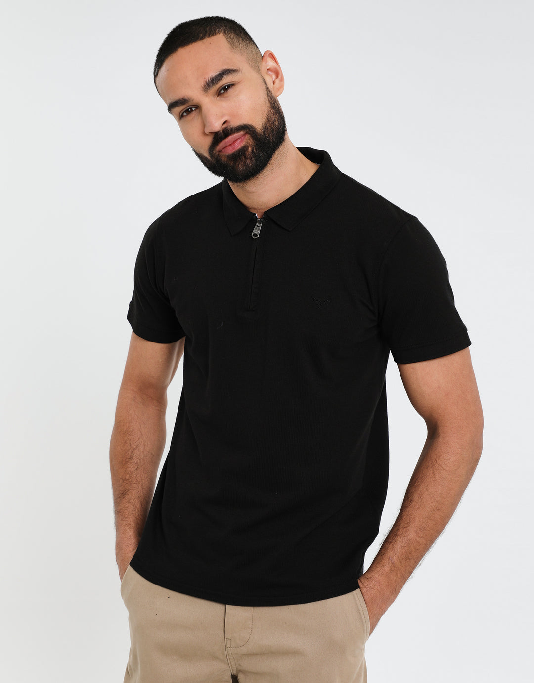 Black Waffle Zip Collar Polo Shirt
