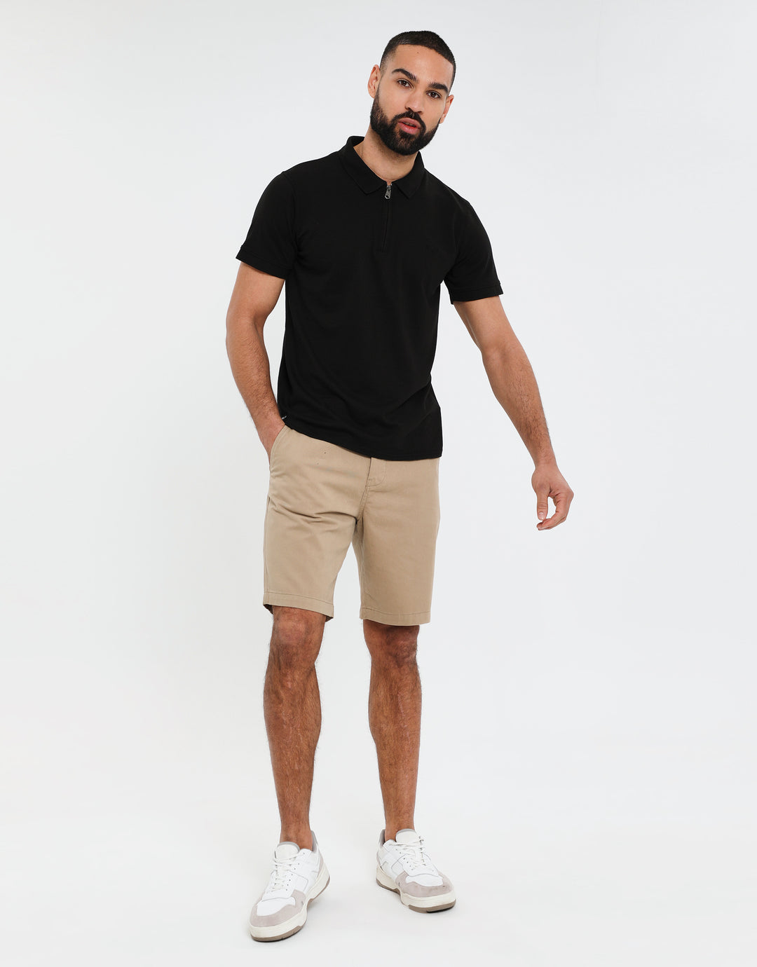 Black Waffle Zip Collar Polo Shirt