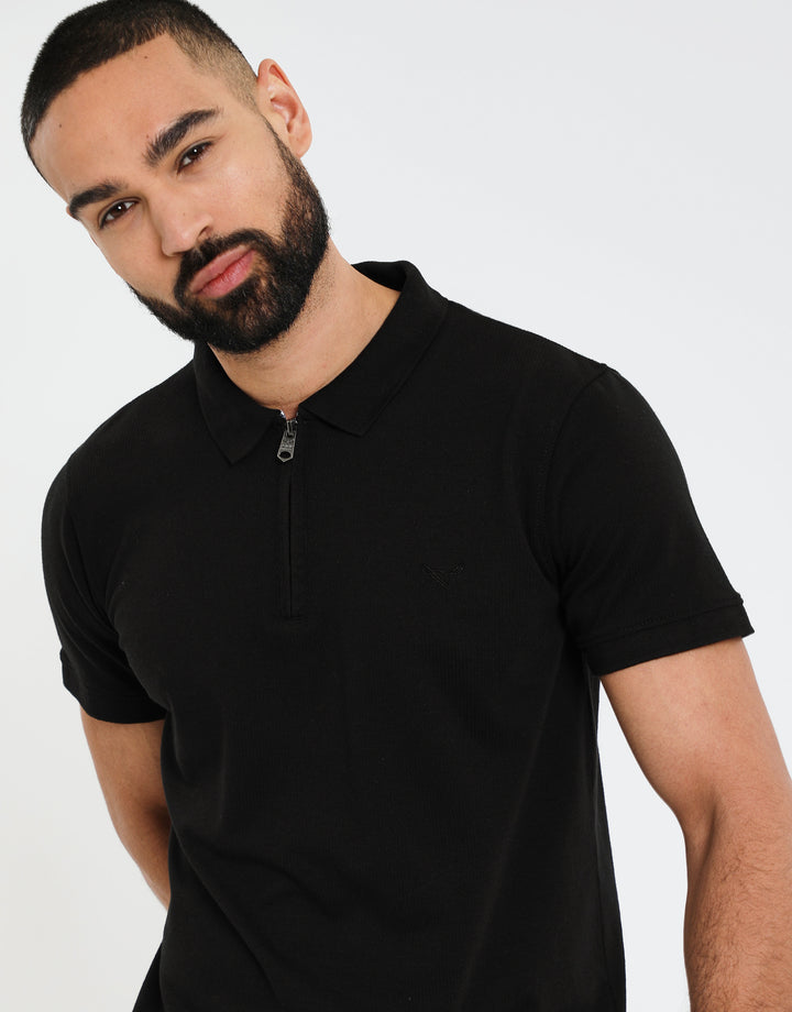 Black Waffle Zip Collar Polo Shirt