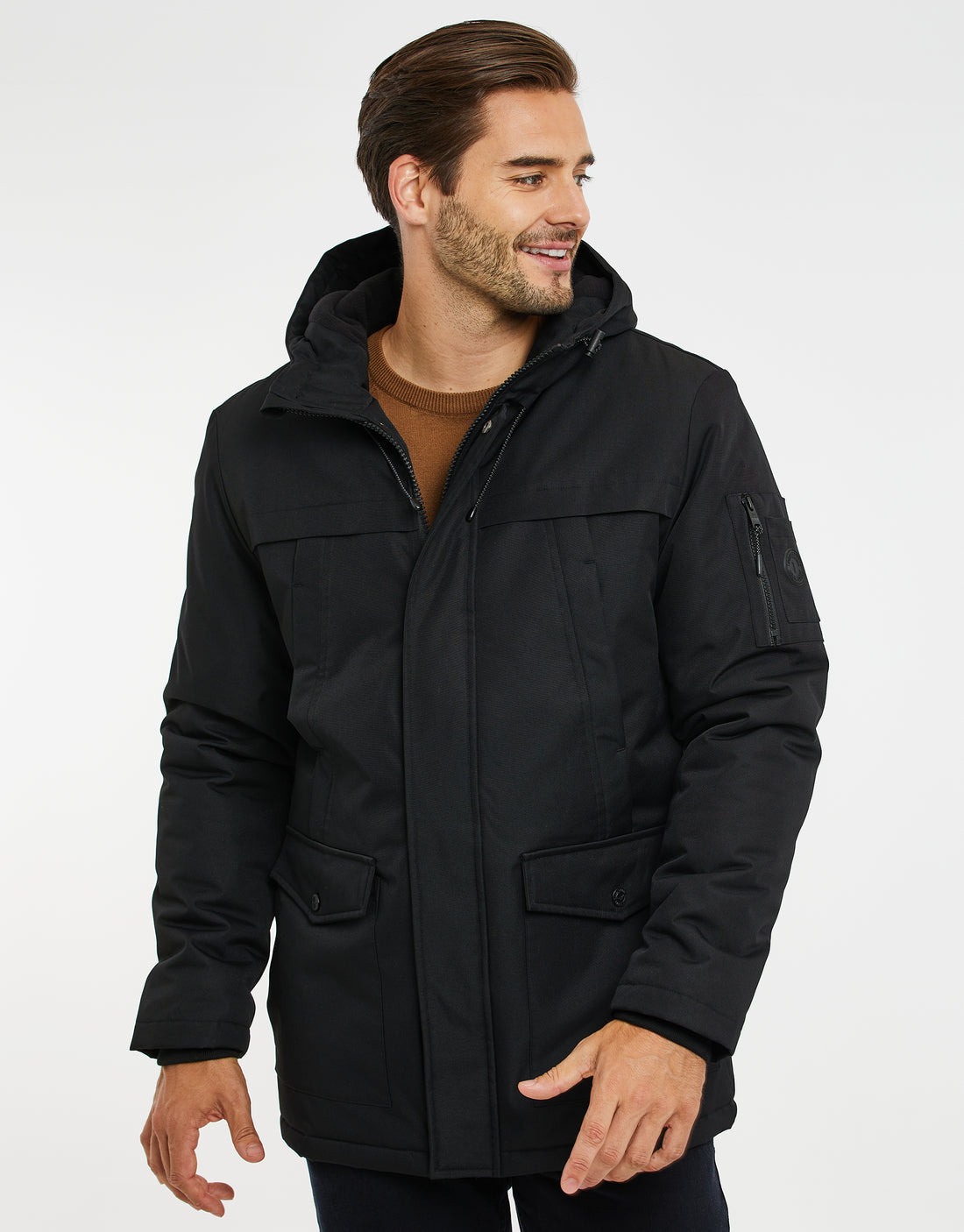 Men's Black Zip Up Funnel Neck Hooded Padded Quilted Mac – Threadbare
