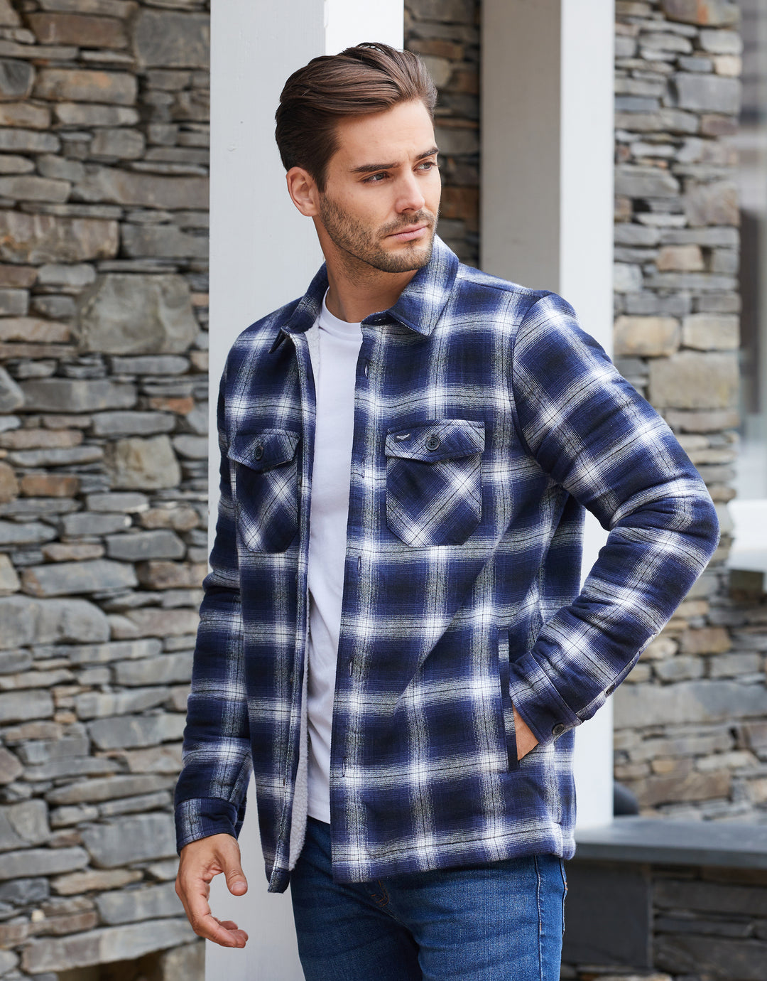 Blue Check Borg Lined Long Sleeve Shirt