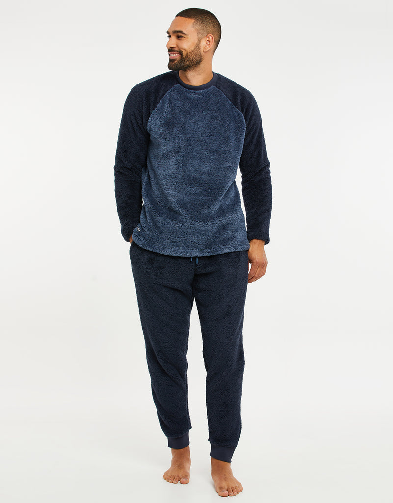 Threadbare Men's Blue Borg Raglan Sweatshirt Lounge Set (2-Piece Set)