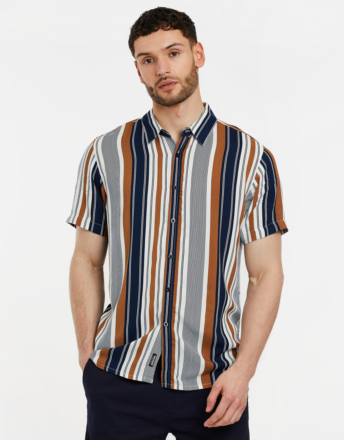 Men's Blue Striped Colourblock Casual Short Sleeve Shirt – Threadbare