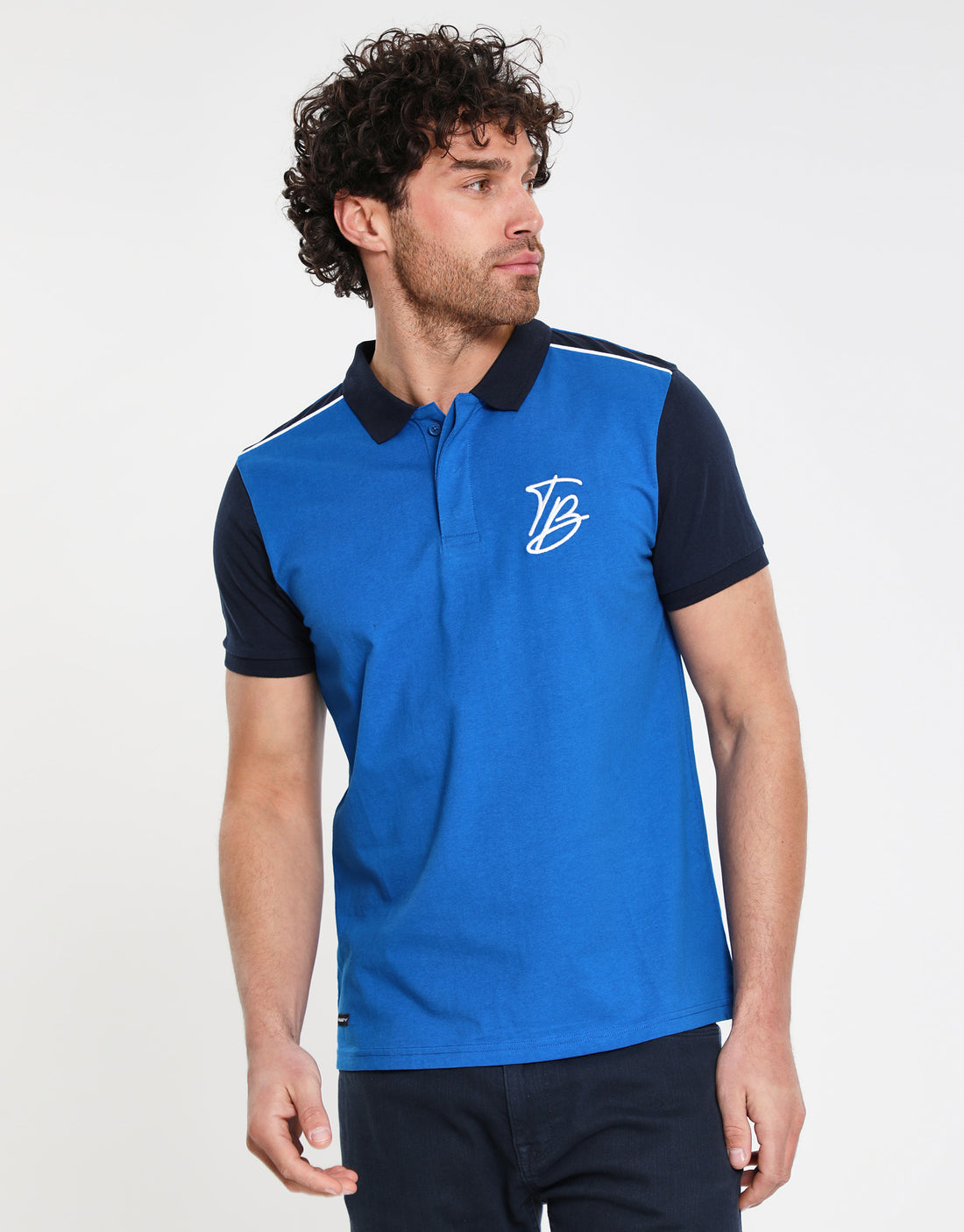 Men's Blue Tonal Monogram Logo Rib Collar Short Sleeve Jersey Polo ...