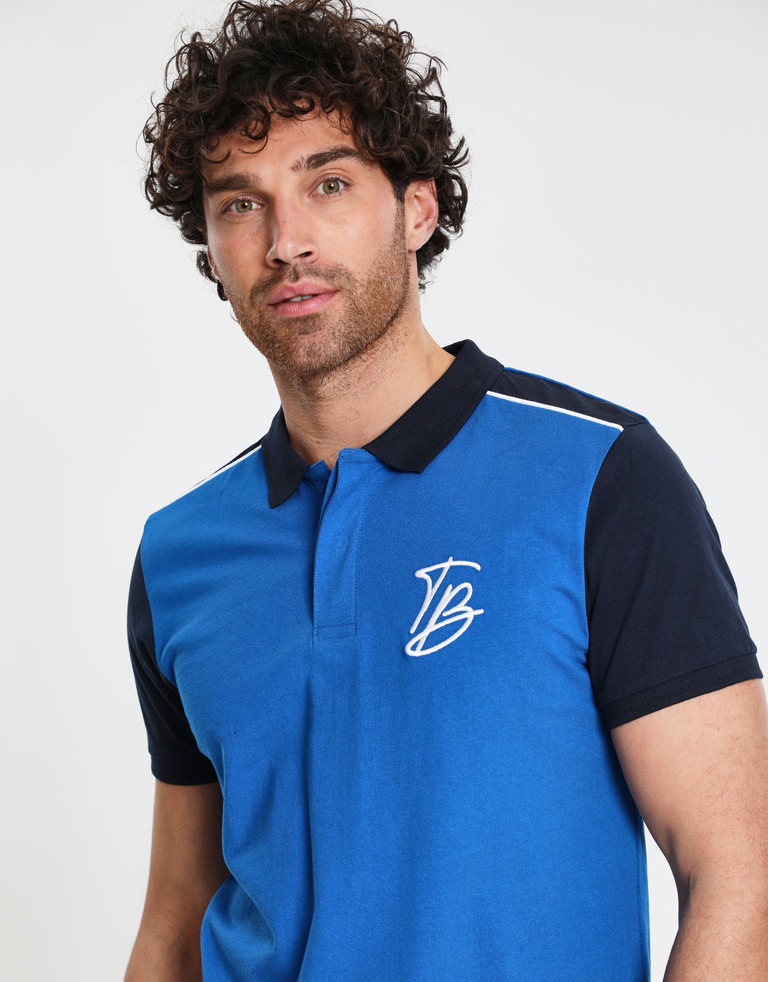 Men's Blue Tonal Monogram Logo Rib Collar Short Sleeve Jersey Polo ...