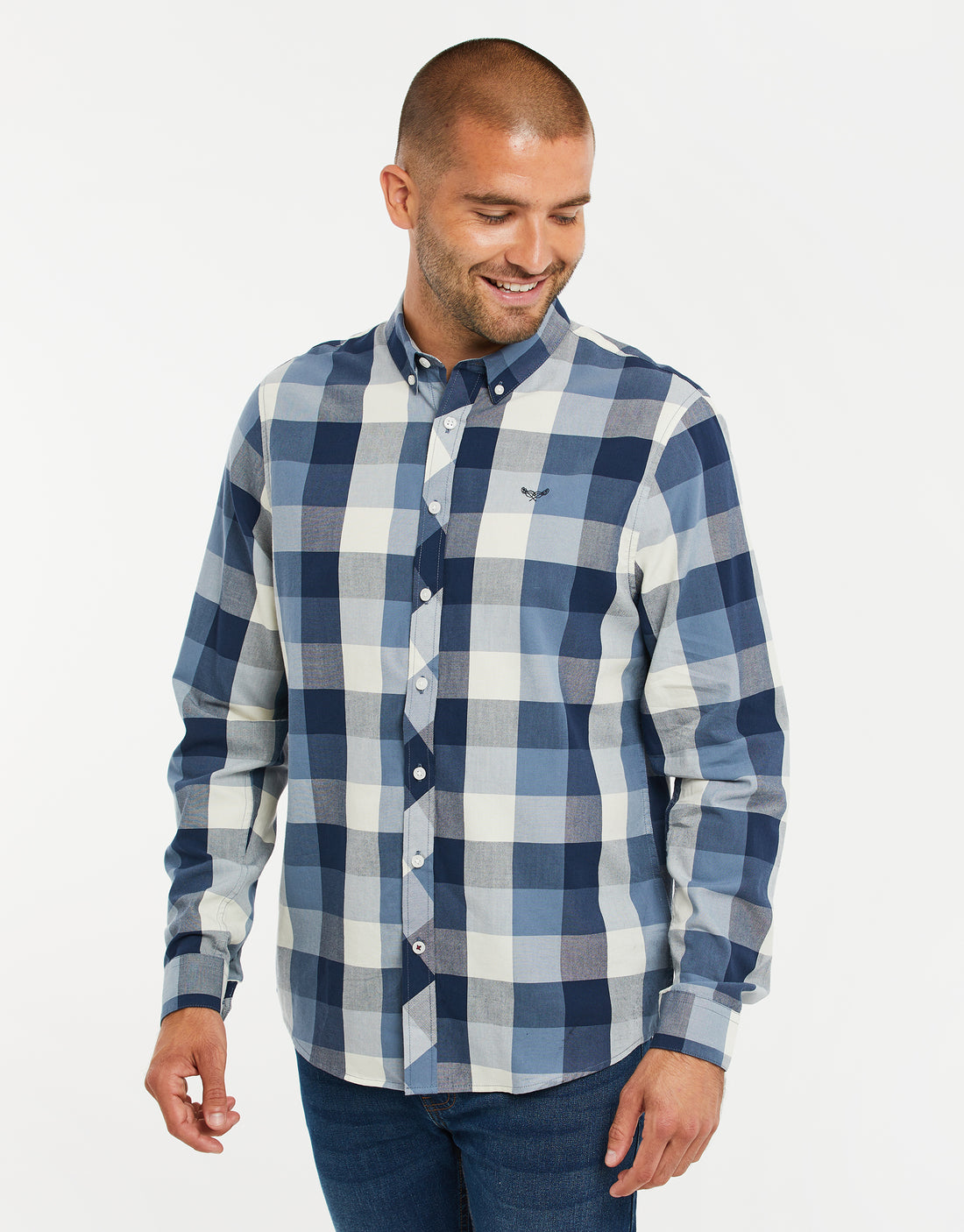 Men's Blue & White Check Cotton Long Sleeve Shirt – Threadbare