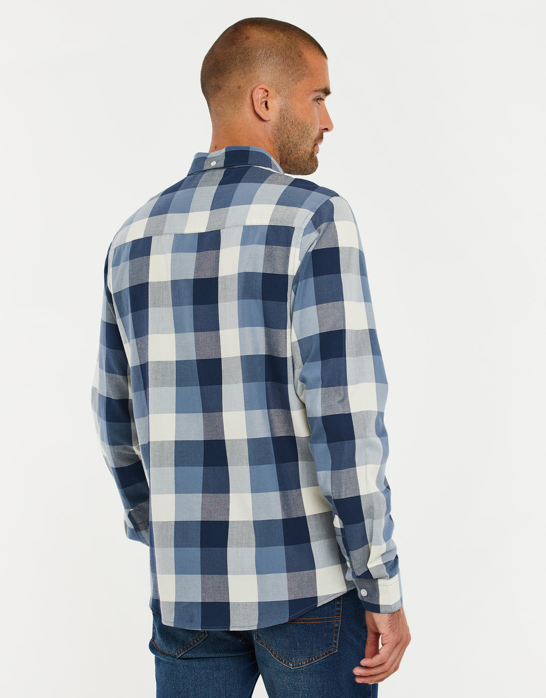 Men's Blue & White Check Cotton Long Sleeve Shirt – Threadbare