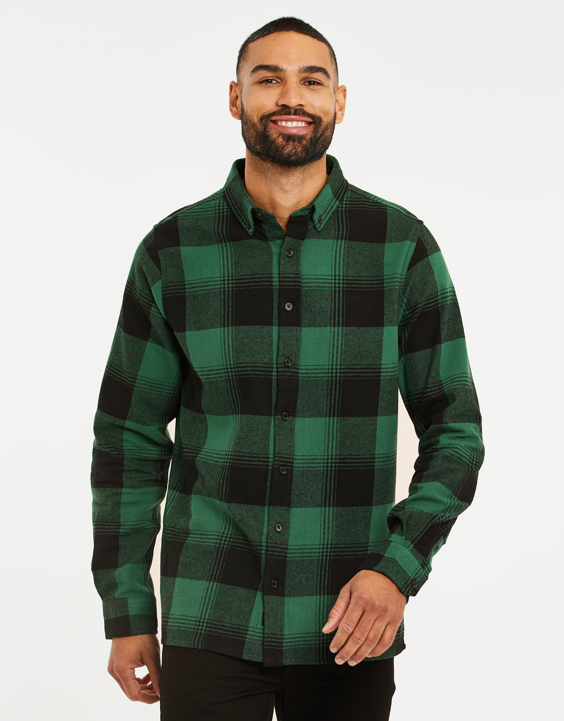Men's Bottle Green Check Long Sleeve Brushed Cotton Shirt – Threadbare