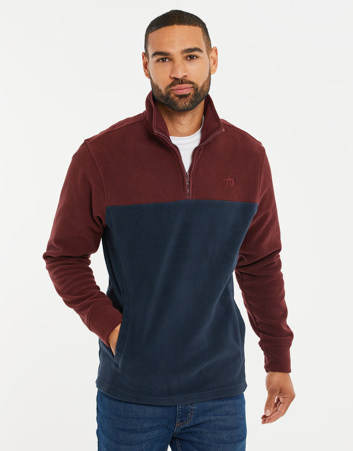 Burgundy & Navy Colourblock Quarter Zip Fleece