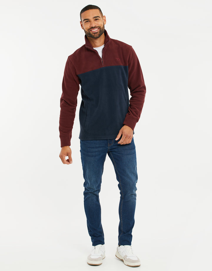 Burgundy & Navy Colourblock Quarter Zip Fleece